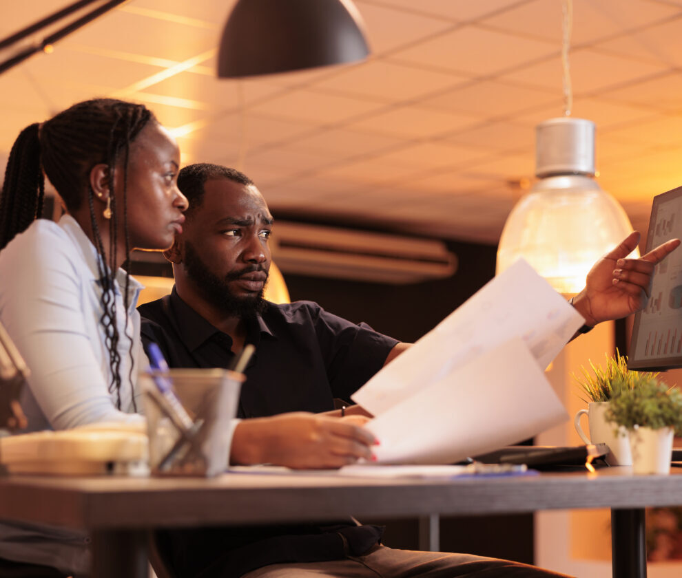 African american man and woman doing teamwork collaboration